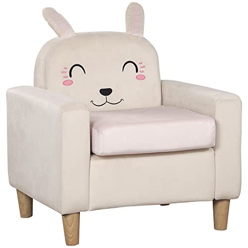 HOMCOM Kindersofa, Kindersessel, Kindercouch mit Samtoptik, Chaiselongue mit Stauraum für Kinder 3-5 Jahre, Schlafsofa für Kinderzimmer, Massivholz, Creme, 53 x 47 x 54,5 cm von HOMCOM