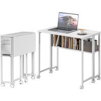 HOMCOM Klappbarer Platzsparender Schreibtisch mit Klappe, Kleiner Schreibtisch mit Bremsenrollen, Regal und Gegenstandstasche, Klappbarer Computertisch für Zuhause, Studium und Büro, 80x50x75 cm, Weiß   Aosom von HOMCOM