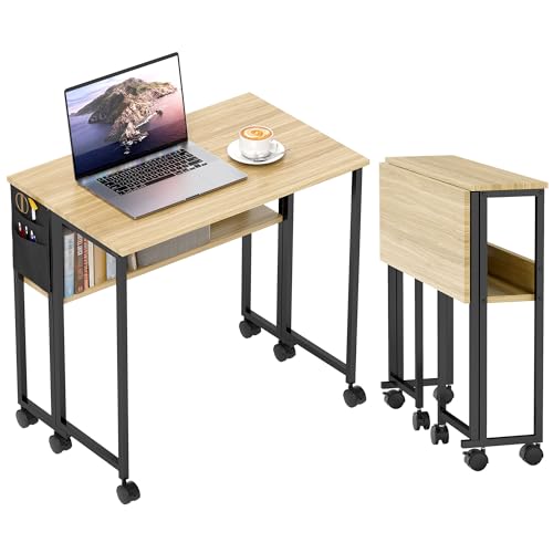 HOMCOM Klappbarer Schreibtisch auf Rollen, Computertisch 80 x 50 cm mit Regal und Aufbewahrungstasche, Lerntisch für Home Office, Schlafzimmer, kleine Räume, Eiche von HOMCOM