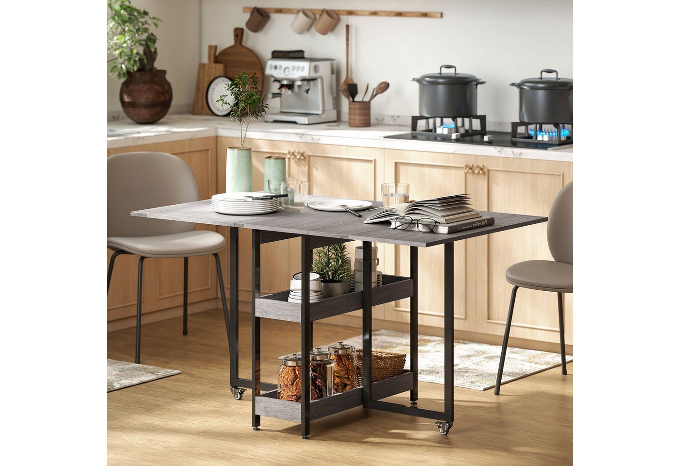 HOMCOM Klapptisch Esstisch Klappbar für 2-4 Personen mit 2 Offenen Ablagen (Küchentisch, 1-St., Mobiler Esszimmertisch), für Kleine Räume, Esszimmer, Küche 133,4 x 80 x 74 cm Grau von HOMCOM