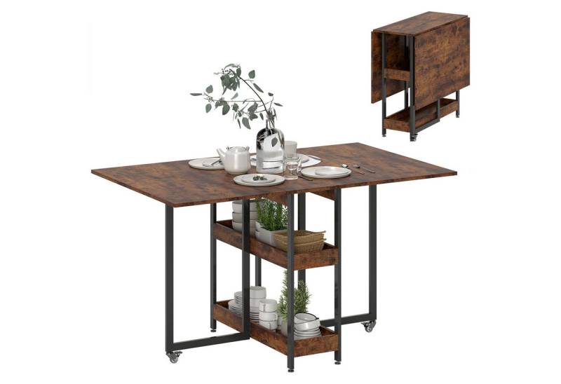 HOMCOM Klapptisch Esstisch Klappbar für 2-4 Personen mit 2 Offenen Ablagen (Küchentisch, 1-St., Mobiler Esszimmertisch), für Kleine Räume, Esszimmer, Küche 133,4 x 80 x 74 cm Rustikal-Braun von HOMCOM