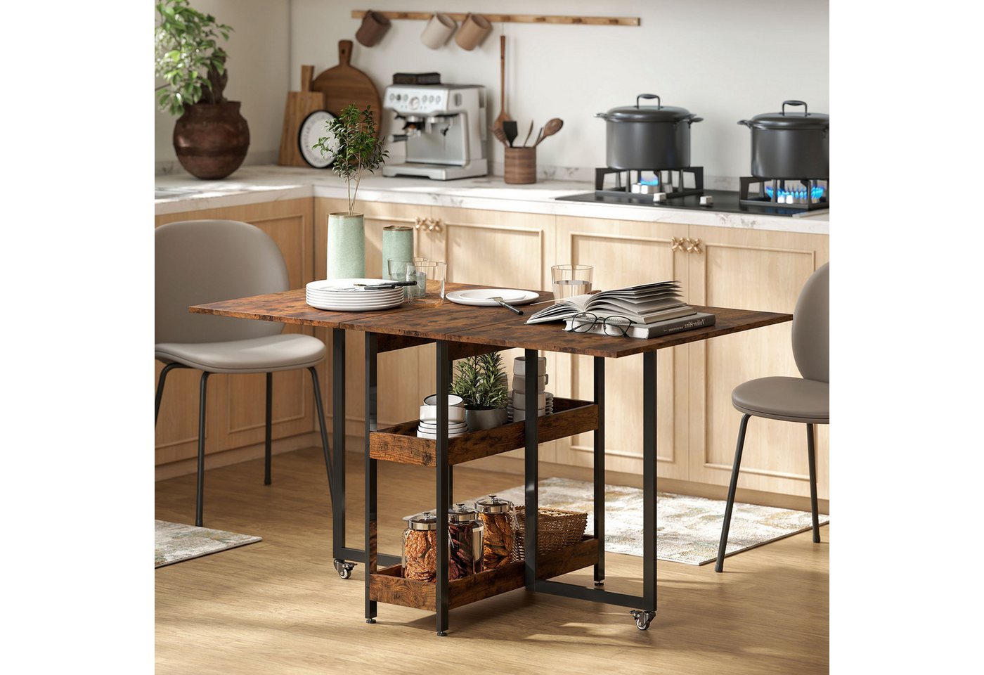 HOMCOM Klapptisch Esstisch Klappbar für 2-4 Personen mit 2 Offenen Ablagen (Küchentisch, 1-St., Mobiler Esszimmertisch), für Kleine Räume, Esszimmer, Küche 133,4 x 80 x 74 cm Rustikal-Braun von HOMCOM
