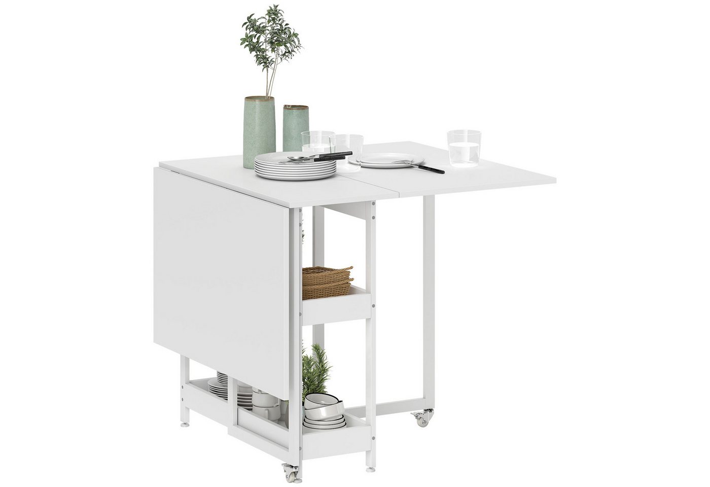 HOMCOM Klapptisch Esstisch Klappbar für 2-4 Personen mit 2 Offenen Ablagen (Küchentisch, 1-St., Mobiler Esszimmertisch), für Kleine Räume, Esszimmer, Küche 133,4 x 80 x 74 cm Weiß von HOMCOM