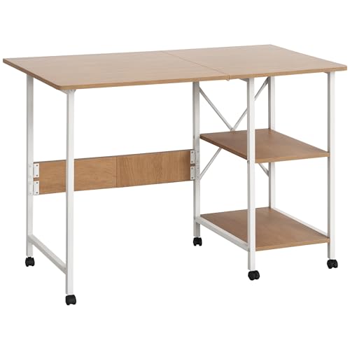 HOMCOM Klapptisch Schreibtisch Beistelltisch Bürotisch Mobiler Computertisch mit Rollen MDF Natur 107 x 55 x 76 cm von HOMCOM