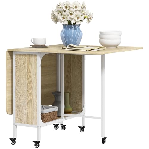 HOMCOM Klapptisch für Esszimmer, Küchentisch, zusammenklappbar, mit Rollen, klappbaren Flügeln, für Wohnzimmer, 130 x 80 x 74 cm, Naturholz von HOMCOM
