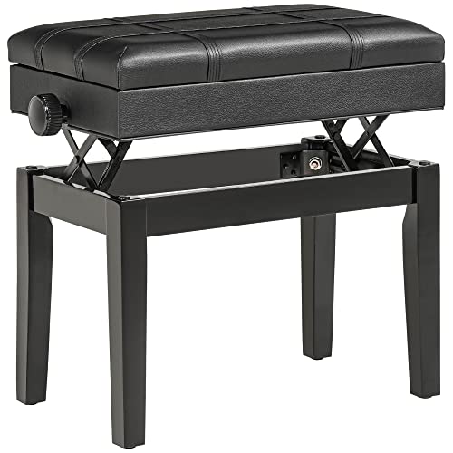 HOMCOM Klavierbank höhenverstellbarer Klavierhocker mit versteckten Stauraum, Pianobank mit Lederkissen, Schwarz, 63 x 35 x 46-56 cm von HOMCOM