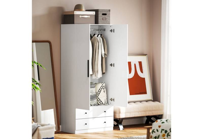 HOMCOM Kleiderschrank 2-türig mit Kleiderstange und 2 Schubladen (Garderobenschrank, 1-St., Mehrzweckschrank) für Schlafzimmer 79 x 43 x 180 cm Weiß von HOMCOM