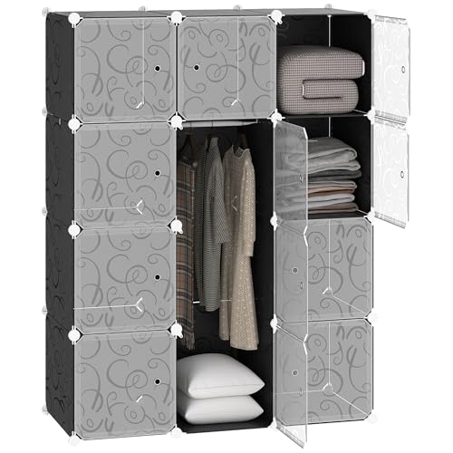 HOMCOM Kleiderschrank DIY Garderobe Regalsystem Steckregal Würfel Garderobenschrank mit Kleiderstange 2 + 6 Fächer aus PP Schwarz + Weiß 111 x 47 x 145 cm von HOMCOM