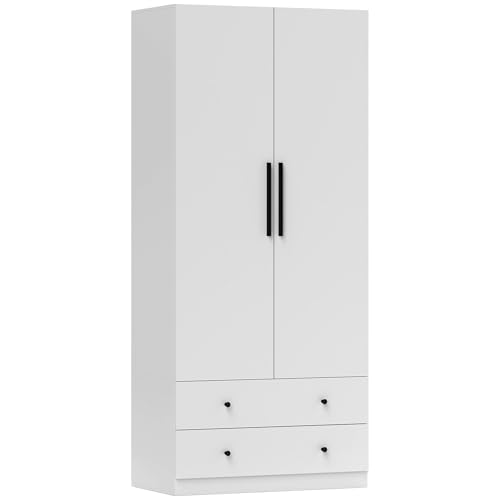 HOMCOM Kleiderschrank Mehrzweckschrank 2-türig mit Tiefem Innendesign, Kleiderstange und 2 Schubladen Garderobenschrank für Schlafzimmer 79 x 43 x 180 cm Weiß von HOMCOM