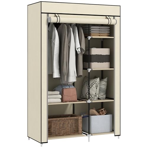 HOMCOM Kleiderschrank Stoffschrank mit 6 Ablagen, Kleiderstange, Reißverschluss Faltschrank für, Ankleidezimmer Schlafzimmer, 103 x 43 x 162,5 cm, Creme HOMCOM Kleiderschrank Stoffschrank mit 6 Ablagen, Kleiderstange, Reißverschluss Faltschrank für, Ankleidezimmer Schlafzimmer, 103 x 43 x 162,5 cm, Creme von HOMCOM