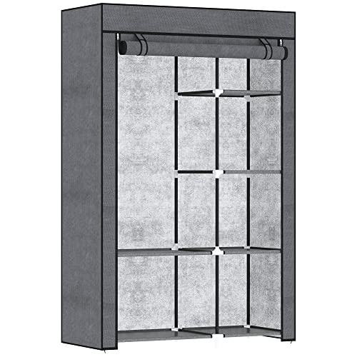 HOMCOM Kleiderschrank Stoffschrank mit 6 Ablagen, Kleiderstange, Reißverschluss Faltschrank für, Ankleidezimmer Schlafzimmer, 103 x 43 x 162,5 cm, Dunkelgrau von HOMCOM