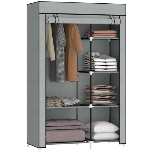 HOMCOM Kleiderschrank Stoffschrank mit 6 Ablagen, Kleiderstange, Reißverschluss Faltschrank für, Ankleidezimmer Schlafzimmer, 103 x 43 x 162,5 cm, Hellgrau von HOMCOM