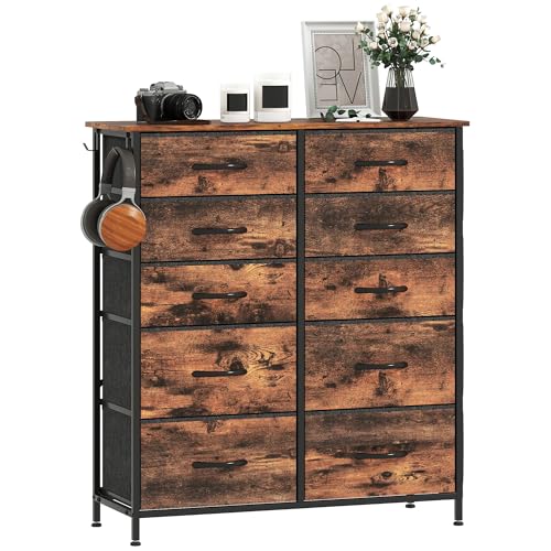 HOMCOM Kommode, Doppelkommode für Schlafzimmer mit 10 Stoffschubladen, hohe Aufbewahrungseinheit mit 4 Fächern, 2 Haken und Stahlrahmen für Wohnzimmer, Flur, Rustikales Braun von HOMCOM