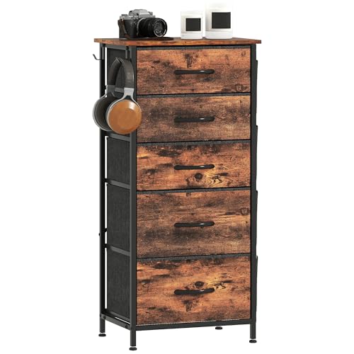 HOMCOM Kommode, Kommode für Schlafzimmer mit 5 Stoffschubladen, hohe Aufbewahrungseinheit mit 4 Fächern, 2 Haken und Stahlrahmen für Wohnzimmer, Flur, rustikales Braun HOMCOM Kommode, Kommode für Schlafzimmer mit 5 Stoffschubladen, hohe Aufbewahrungseinheit mit 4 Fächern, 2 Haken und Stahlrahmen für Wohnzimmer, Flur, rustikales Braun von HOMCOM
