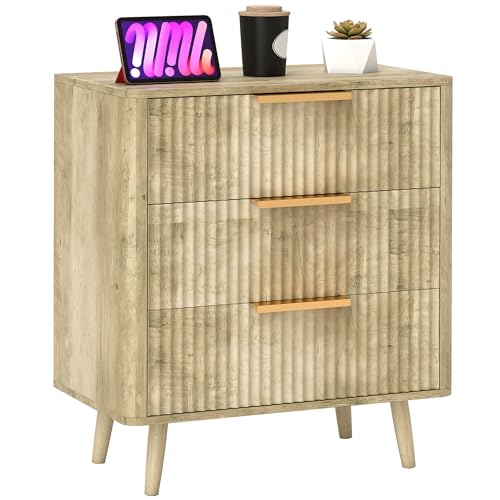 HOMCOM Kommode 3 Schubladen Aufbewahrungsmöbel skandinavischer Stil mit Griffen und Füßen aus Kiefer, Holz mit Riffeloptik, Kommode Schlafzimmer, Wohnzimmer, Flur - 68,3 x 40 x 76 cm, Eiche von HOMCOM