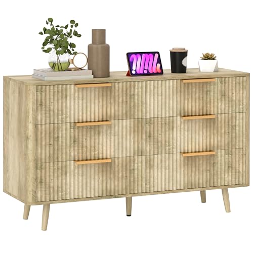 HOMCOM Kommode 6 Schubladen Aufbewahrungsmöbel skandinavischer Stil mit Griffen und Füßen aus Kiefer, Holz mit Riffeloptik, Kommode Schlafzimmer, Wohnzimmer, Flur - 120 x 40 x 76 cm, Eiche HOMCOM Kommode 6 Schubladen Aufbewahrungsmöbel skandinavischer Stil mit Griffen und Füßen aus Kiefer, Holz mit Riffeloptik, Kommode Schlafzimmer, Wohnzimmer, Flur - 120 x 40 x 76 cm, Eiche von HOMCOM