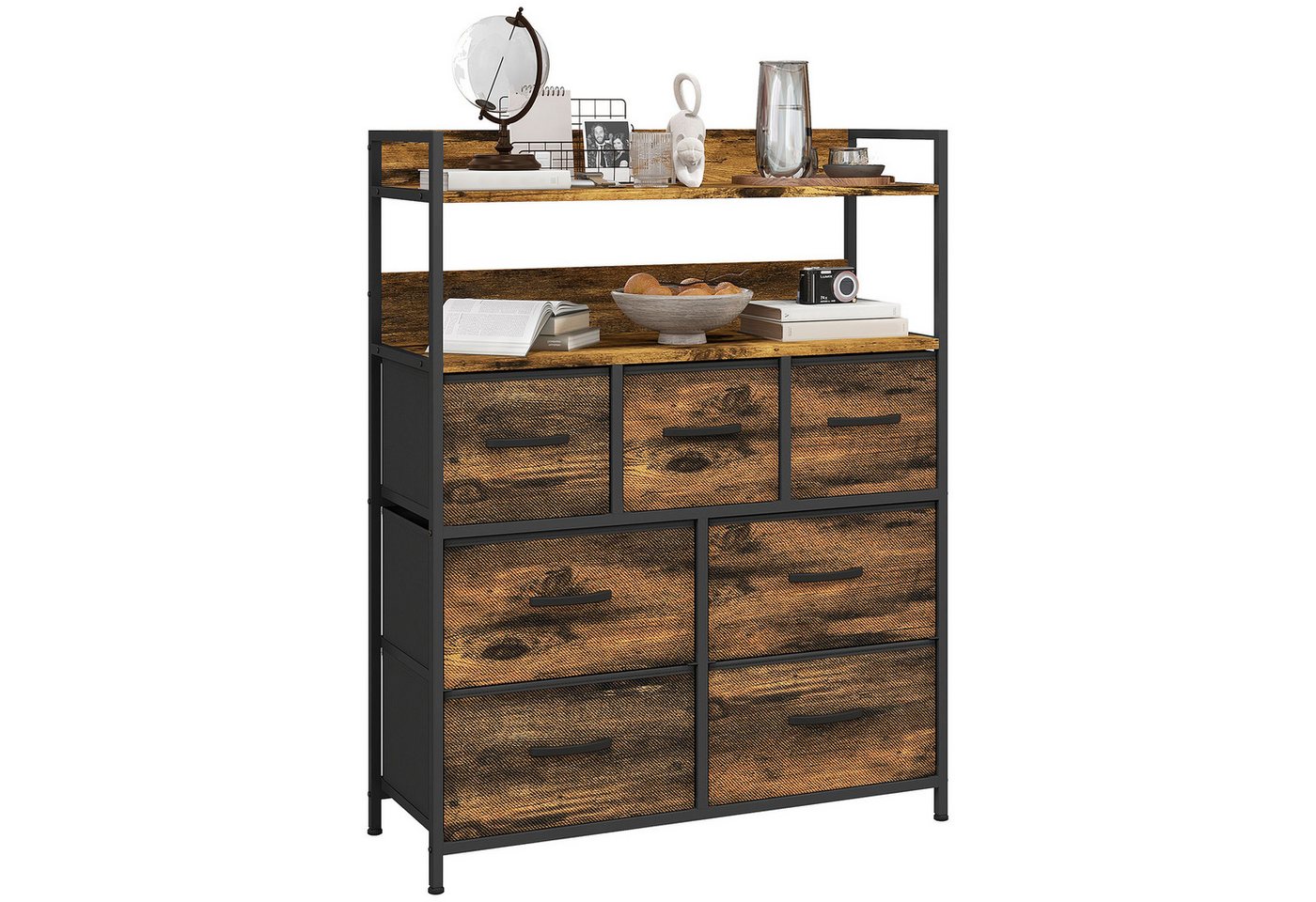 HOMCOM Kommode Stoffkommode mit 7 Schubladen (Aufbewahrungsschrank mit Regal, Metallrahmen, 1 St., für Wohnzimmer, Eingangsbereich), rustikales Braun von HOMCOM