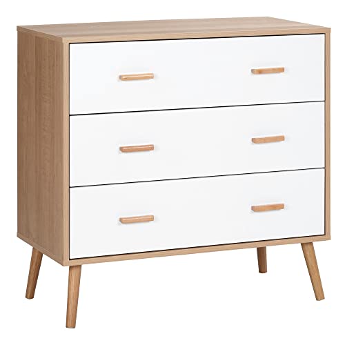 HOMCOM Kommode mit 3 Schubladen Sideboard Schubladenkommode Schrank Mehrzweckschrank Wohnzimmer Esszimmer Skandi-Design Weiß+Natur 80 x 39 x 80 cm von HOMCOM