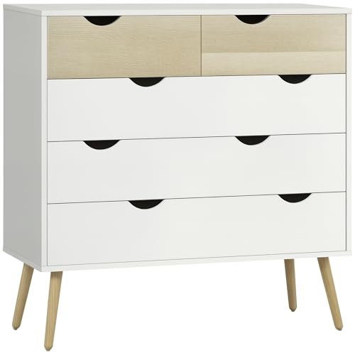HOMCOM Kommode mit 5 Schubladen Skandinavisches Design Aufbewahrungsmöbel Schlafzimmer Spanplatte 99 x 39 x 101 cm Weiß Helles Eichenholzaussehen von HOMCOM