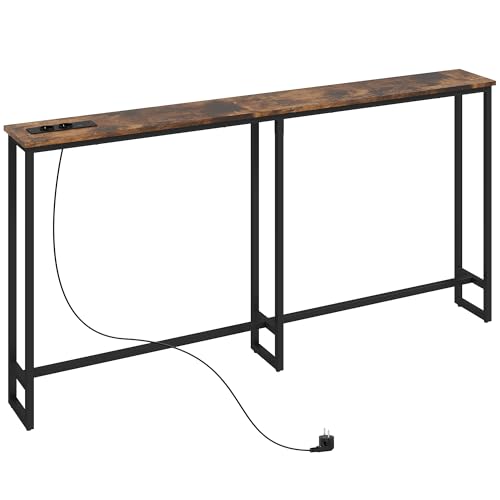 HOMCOM Konsolentisch, Flurtisch mit Integrierte Ladestation, Stahlbeine, Schmal Beistelltisch im Industriell Stil für Flur Eingang Büro, Stahl, 160 x 20 x 80 cm Rustikal-Braun von HOMCOM