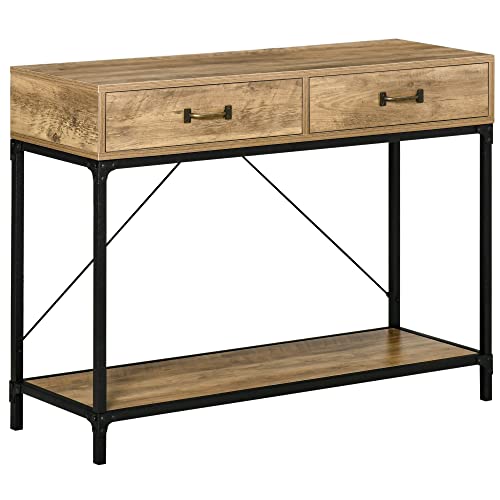 HOMCOM Konsolentisch Flurtisch mit Ablage und 2 Schubladen, 100 x 35 x 76,5 cm Beistelltisch Sofatisch Ausstellungstisch für Kleinen Raum, Eingang, Flur, Wohnzimmer Braun+Schwarz von HOMCOM