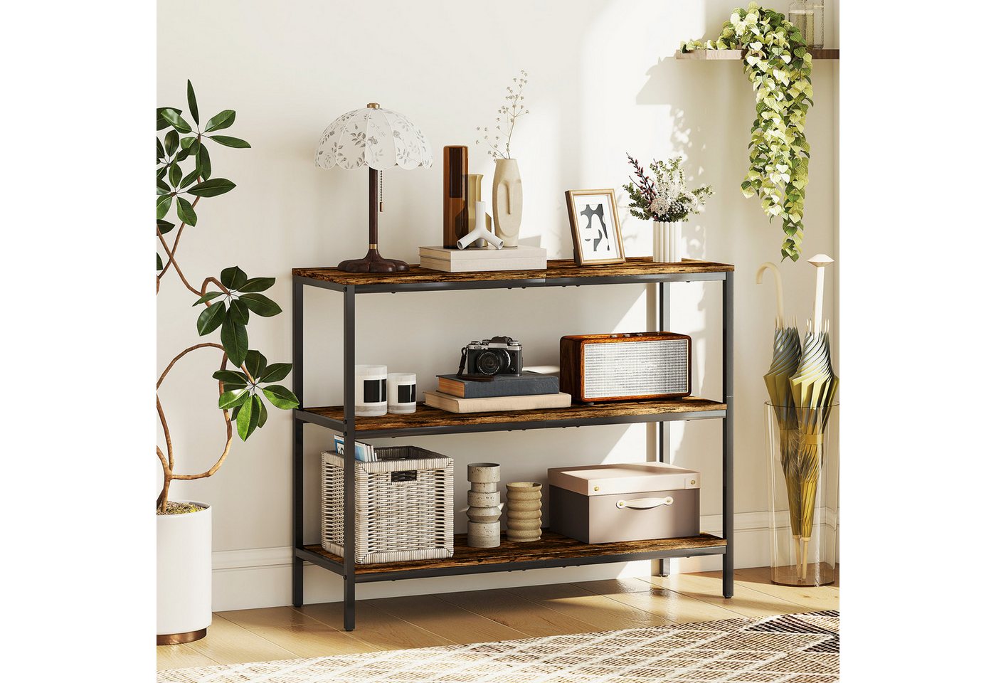 HOMCOM Konsolentisch Flurtisch mit 3 Ebenen, Metallrahmen (Metallregal, 1-St., Beistelltisch), für Kleinen Raum, Flur, 101 x 35 x 80 cm, Rustikal-Braun von HOMCOM