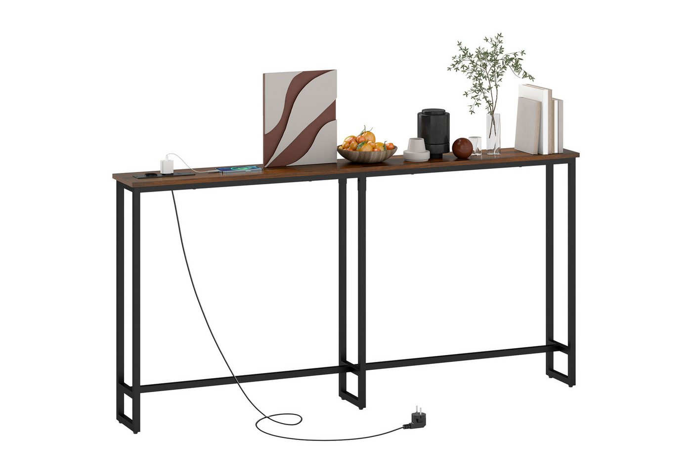 HOMCOM Konsolentisch Schmaler Sofatisch mit Ladestation, 160 cm lang (mit Stahlrahmen, 1-St., für Flur, Eingangsbereich, Wohnzimmer), rustikales Braun von HOMCOM
