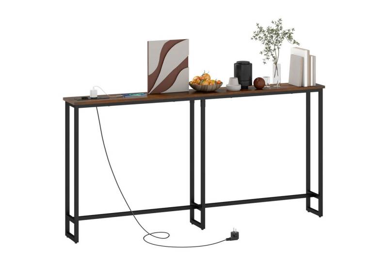 HOMCOM Konsolentisch Schmaler Sofatisch mit Ladestation, 160 cm lang (mit Stahlrahmen, 1-St., für Flur, Eingangsbereich, Wohnzimmer), rustikales Braun von HOMCOM
