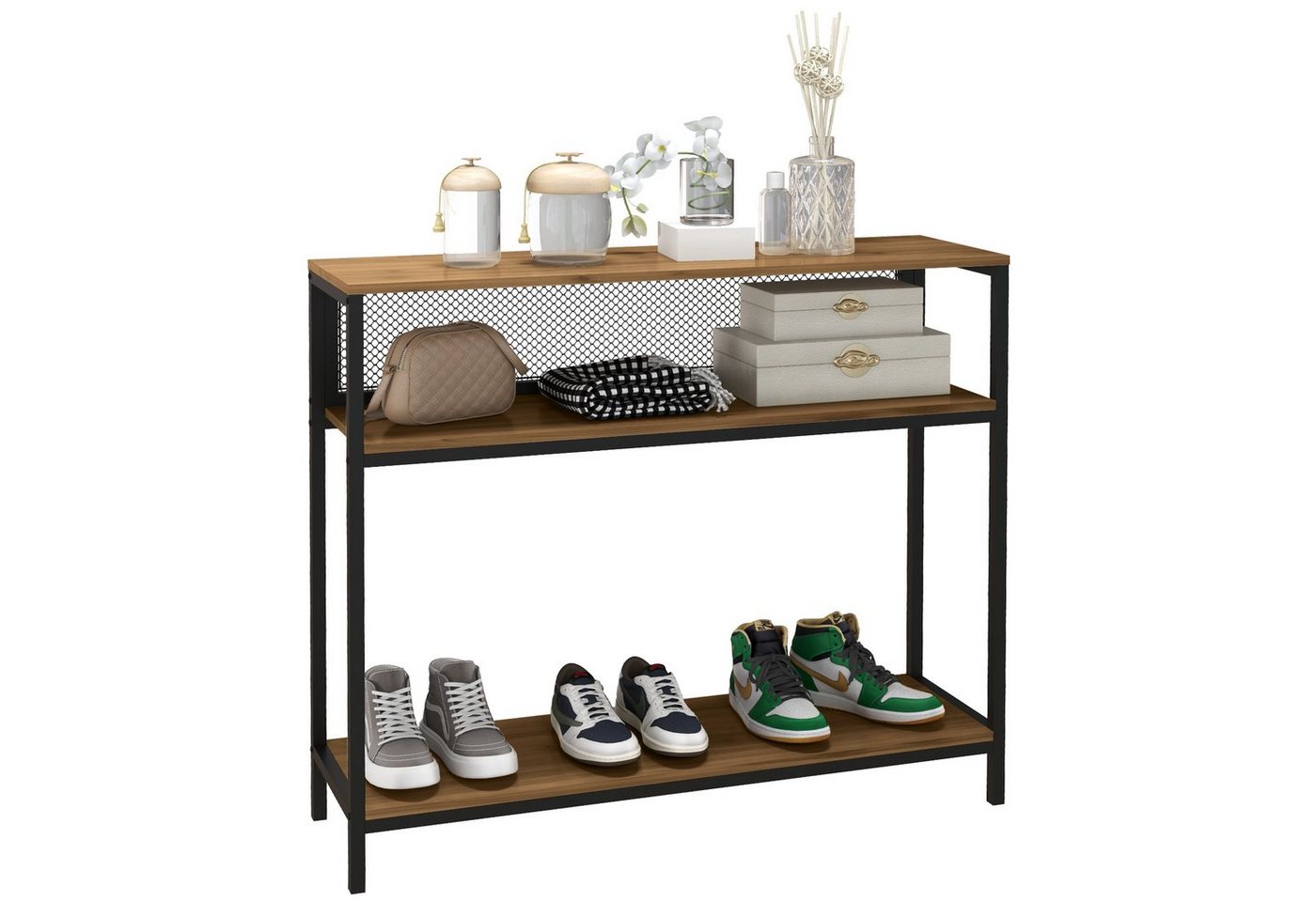 HOMCOM Konsolentisch mit 2 Regalen, Flurkonsole mit Kippschutz, (Flurtisch, 1-St., Schuhregal), Metall, Braun, 100 x 29.5 x 90 cm von HOMCOM