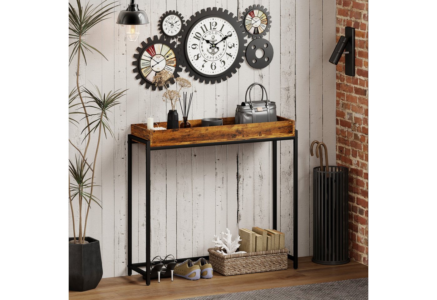 HOMCOM Konsolentisch mit Geländer (Beistelltisch, 1-St., Flurtisch), für Kleinen Raum, Eingang, Flur, Wohnzimmer Rustikal Braun von HOMCOM