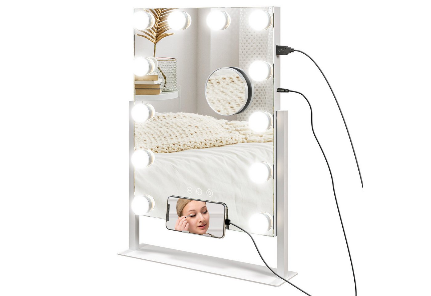 HOMCOM Kosmetikspiegel mit 3 Farben, 12 LED-Lampen und Telefonhalterung, 360° drehbar (Spiegel, 1-St., LED-Schminkspiegel), Metall, Weiß von HOMCOM