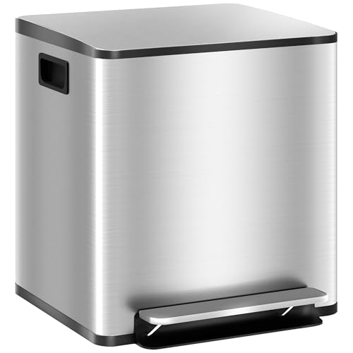 HOMCOM Küchenabfalleimer 2 x 15L Treteimer 2 Fächer, Edelstahl mit weich schließendem Deckel, abnehmbare Eimer, 41,8L x 36,7l x 44H cm silberfarben von HOMCOM