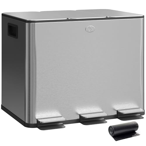 HOMCOM Küchenabfalleimer mit 3 Fächern 3x10L Edelstahl Küchenabfalleimer mit Pedalen Soft-Close-Deckel und abnehmbarem Recycling-Eimer für Lebensmittelabfälle Lebensmittelabfälle Silber von HOMCOM