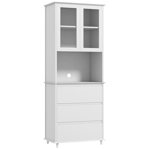 HOMCOM Küchenbuffet Schrank 2 Türen 3 Schubladen und zentrale Nische ABM. 68L x 38l x 172H cm aus weißem Holz von HOMCOM