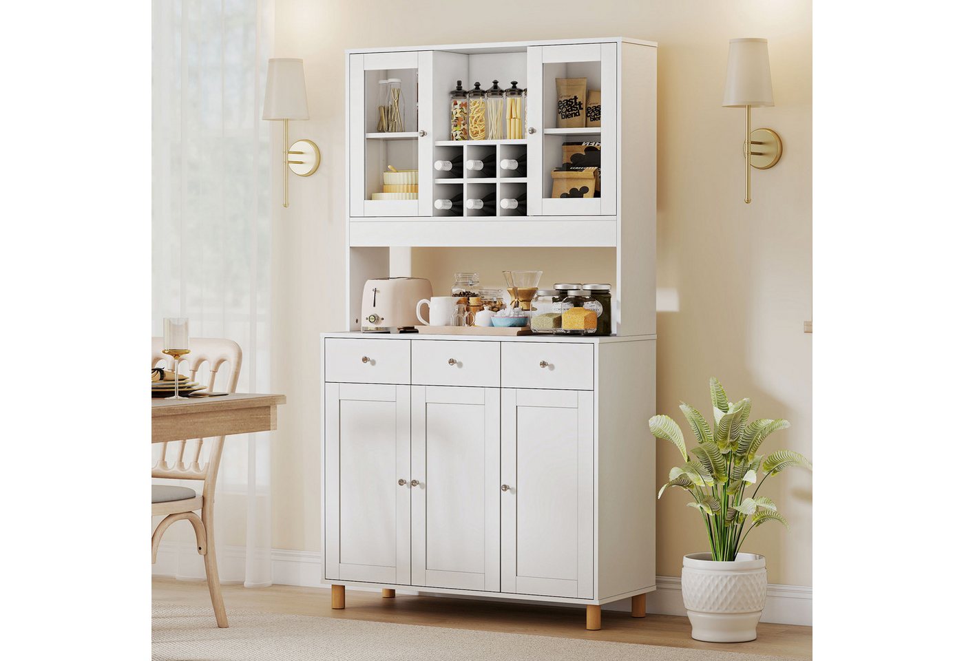 HOMCOM Küchenbuffet mit 2 Glastüren, 3 Schubladen, 4 verstellbare Regale (Hochschrank, 1-St., Buffetschrank) für Küche, Esszimmer, Weiß von HOMCOM
