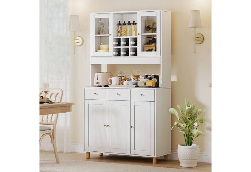 HOMCOM Küchenbuffet mit 2 Glastüren, 3 Schubladen, 4 verstellbare Regale (Hochschrank, 1-St., Buffetschrank) für Küche, Esszimmer, Weiß von HOMCOM