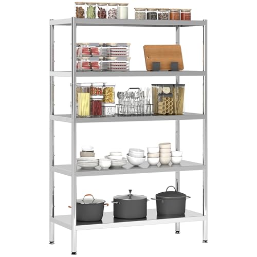 HOMCOM Küchenregal mit 5 Ebenen, einstellbar auf 13 Verschiedene Höhen, Edelstahlregal 201, für Gewürze, Töpfe und Pfannen, 91x40x139 cm, Silber von HOMCOM