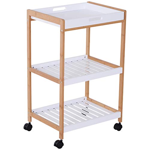 HOMCOM Küchenrollwagen Küchenwagen rollbar Küchentrolley Servierwagen abnehmbares Tablett Bambus + MDF Weiß + Natur 46 x 35 x 74,5 cm von HOMCOM