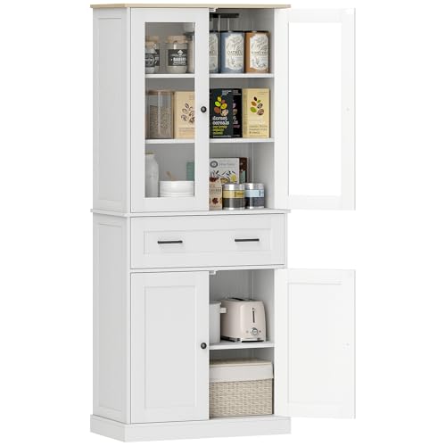 HOMCOM Küchenschrank, Hochschrank mit Schublade, verstellbaren Einlegeböden, Küchenbuffet mit Acryltüren, 2 Schrankfächer für Wohnzimmer, Esszimmer, 76 x 40 x 182,5 cm, Cremeweiß von HOMCOM