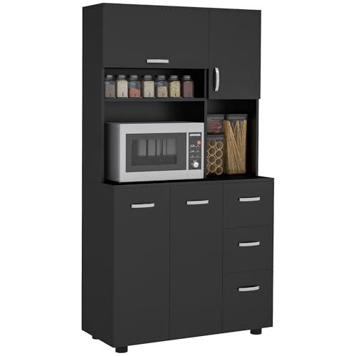 HOMCOM Küchenschrank Multi-Ordner 4 Türen 3 Schubladen Regal + große Platte 89L x 39,5l x 168H cm schwarz von HOMCOM