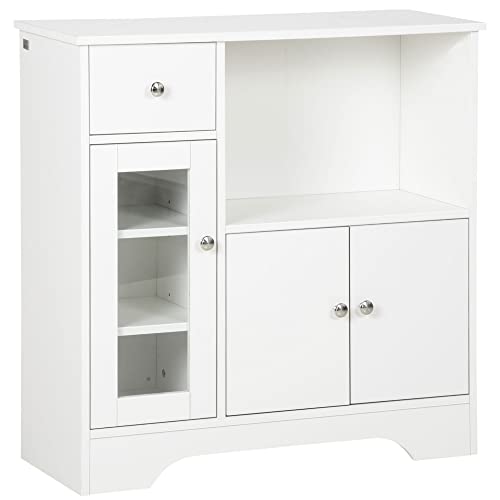 HOMCOM Küchenschrank Sideboard mit 2 Schränken und offener Regale, Aufbewahrungsschrank mit verstellbare Einlegeböden, Kommode mit Kippschutz und Glastür Spanplatte Weiß 80 x 30 x 82 cm von HOMCOM