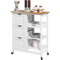 HOMCOM Küchenservierwaagen-Kücheninsel aus Kautschukholz mit Rollen, abnehmbarer Arbeitsplatte, 3 Schubladen + 1 abnehmbares Tablett 67 x 37 x 85,5 cm Weiß   Aosom von HOMCOM