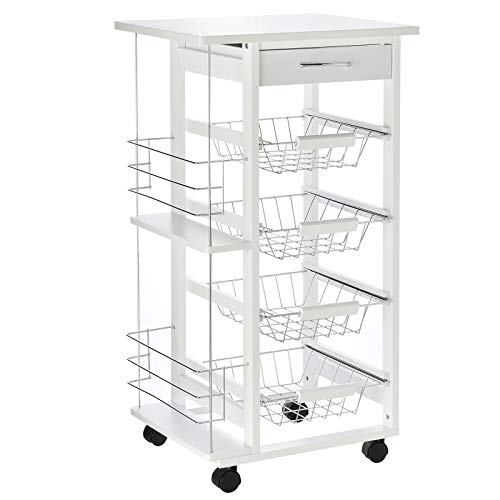 HOMCOM Küchenwagen, 5 Ebenen Servierwagen mit Arbeitsplatte, Rollwagen, Küchenregal mit Rollen, Schublade und Metallkörben, Kiefernholz Weiß 47 x 37 x 83 cm HOMCOM Küchenwagen, 5 Ebenen Servierwagen mit Arbeitsplatte, Rollwagen, Küchenregal mit Rollen, Schublade und Metallkörben, Kiefernholz Weiß 47 x 37 x 83 cm von HOMCOM