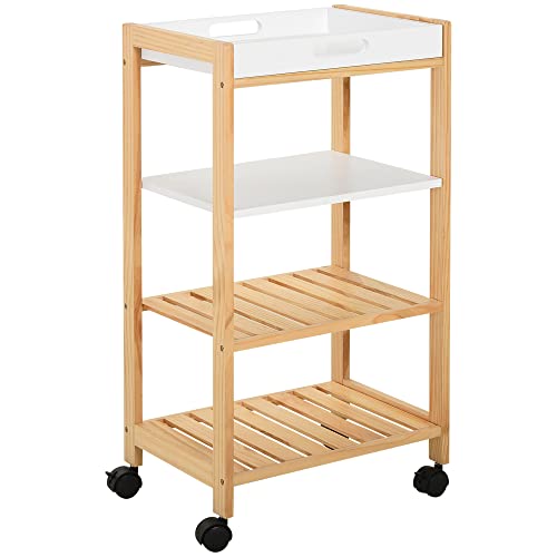 HOMCOM Küchenwagen, Küchenrollwagen, Servierwagen mit Ablage, Abnehmbares Tablett Kiefer Weiß+Natur 40 x 30 x 76 cm von HOMCOM