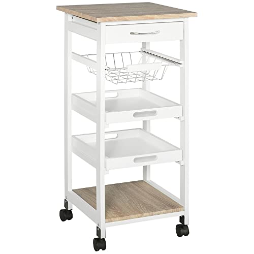 HOMCOM Küchenwagen, Servierwagen mit Schublade und abnehmbarem Tablett Küchenrollwagen, Rollwagen mit Arbeitsplatte, Kieferholz, Weiß, 37 x 37 x 82 cm von HOMCOM