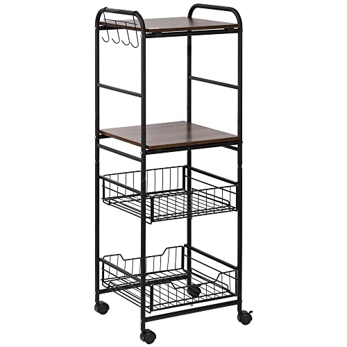 HOMCOM Küchenwagen 4 Ebenen, Servierwagen, Aufbewahrungswagen auf Rollen mit 2 ausziehbaren Körben, Regalen und seitlichen Haken, 40 x 38 x 111 cm, Walnussholz von HOMCOM