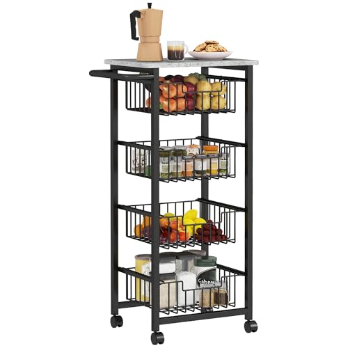 HOMCOM Küchenwagen 4 Ebenen, Servierwagen auf Rollen, mit 4 ausziehbaren Körben, Arbeitsfläche, Stahlrahmen, 49,5 x 31 x 91 cm, hellgrau von HOMCOM