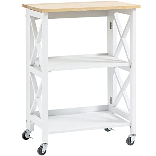 HOMCOM Küchenwagen Küchenrollwagen Servierwagen klappbar mit Regalboden 4 Lenkrollen modern MDF Kautschukholz Weiß 60 x 40 x 84 cm von HOMCOM