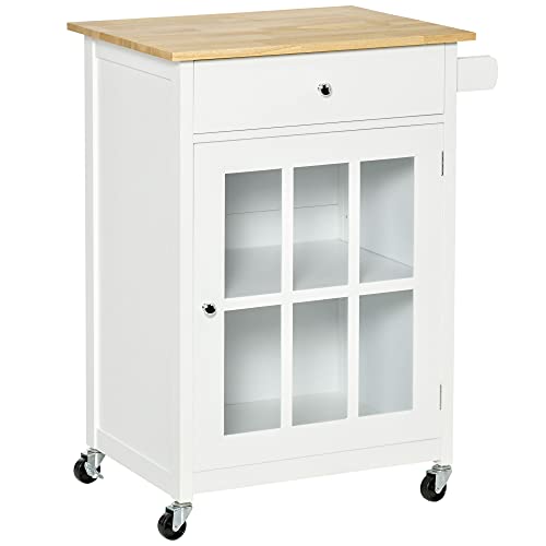 HOMCOM Küchenwagen Küchenrollwagen Servierwagen mit Räder Schublade Weinablage MDF Gummiholz Weiß+Eiche 67 x 48 x 86,5 cm von HOMCOM