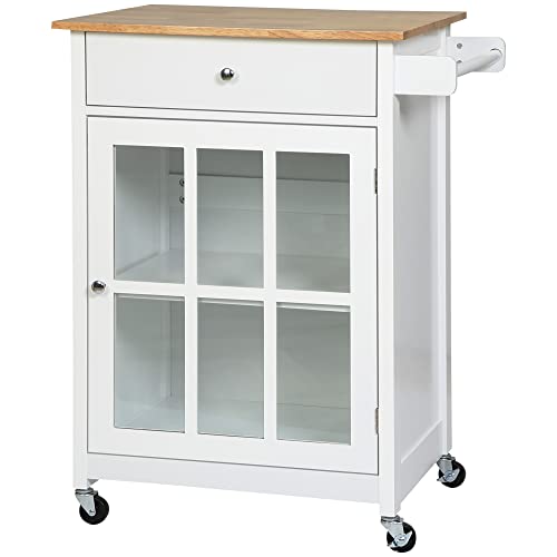 HOMCOM Küchenwagen Küchenrollwagen Servierwagen mit Räder Schublade Weinablage MDF Gummiholz Weiß+Eiche 67 x 48 x 86,5 cm von HOMCOM